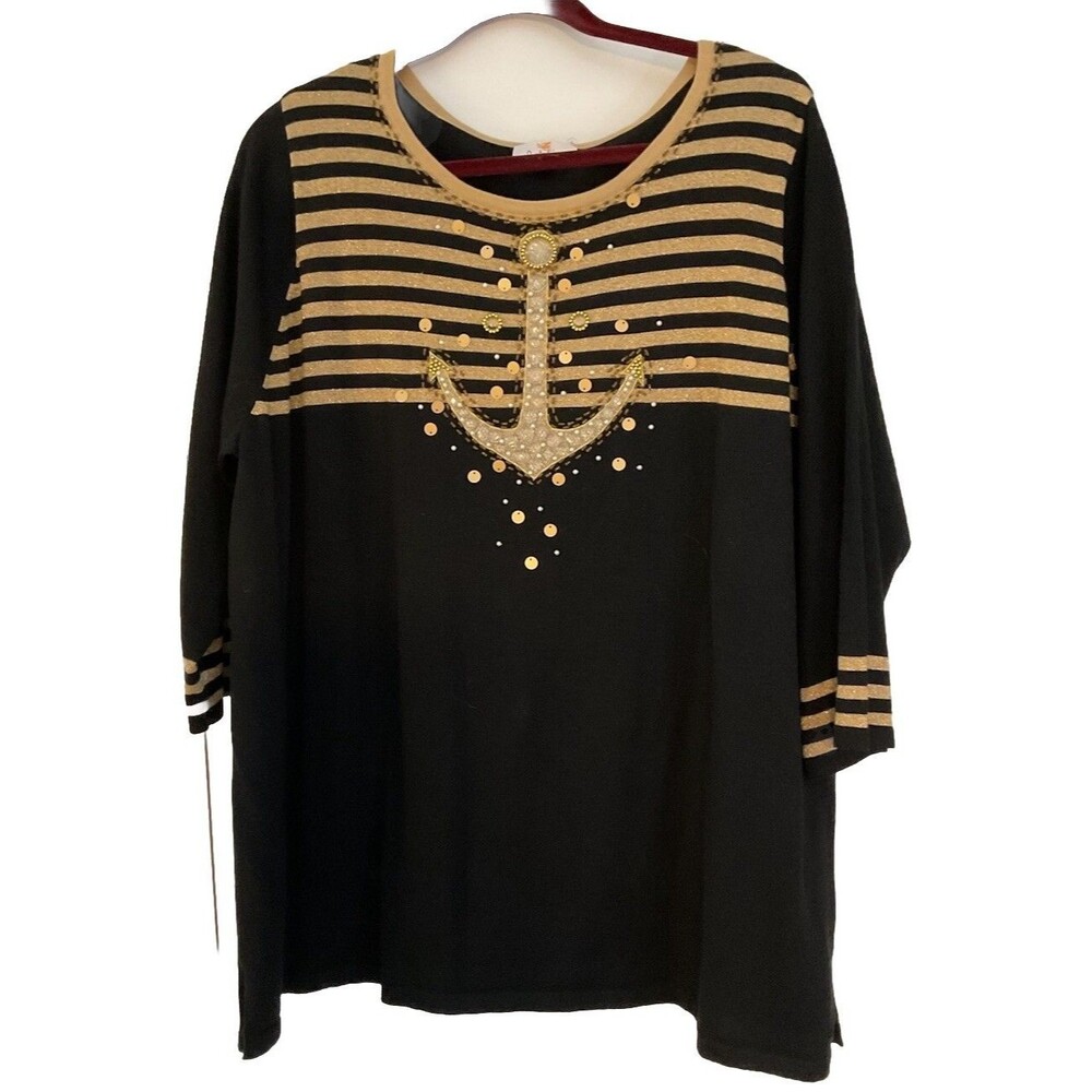 Quacker Factory Sweater Women's 1X Black Gold Anchor Embellished Beaded A231431